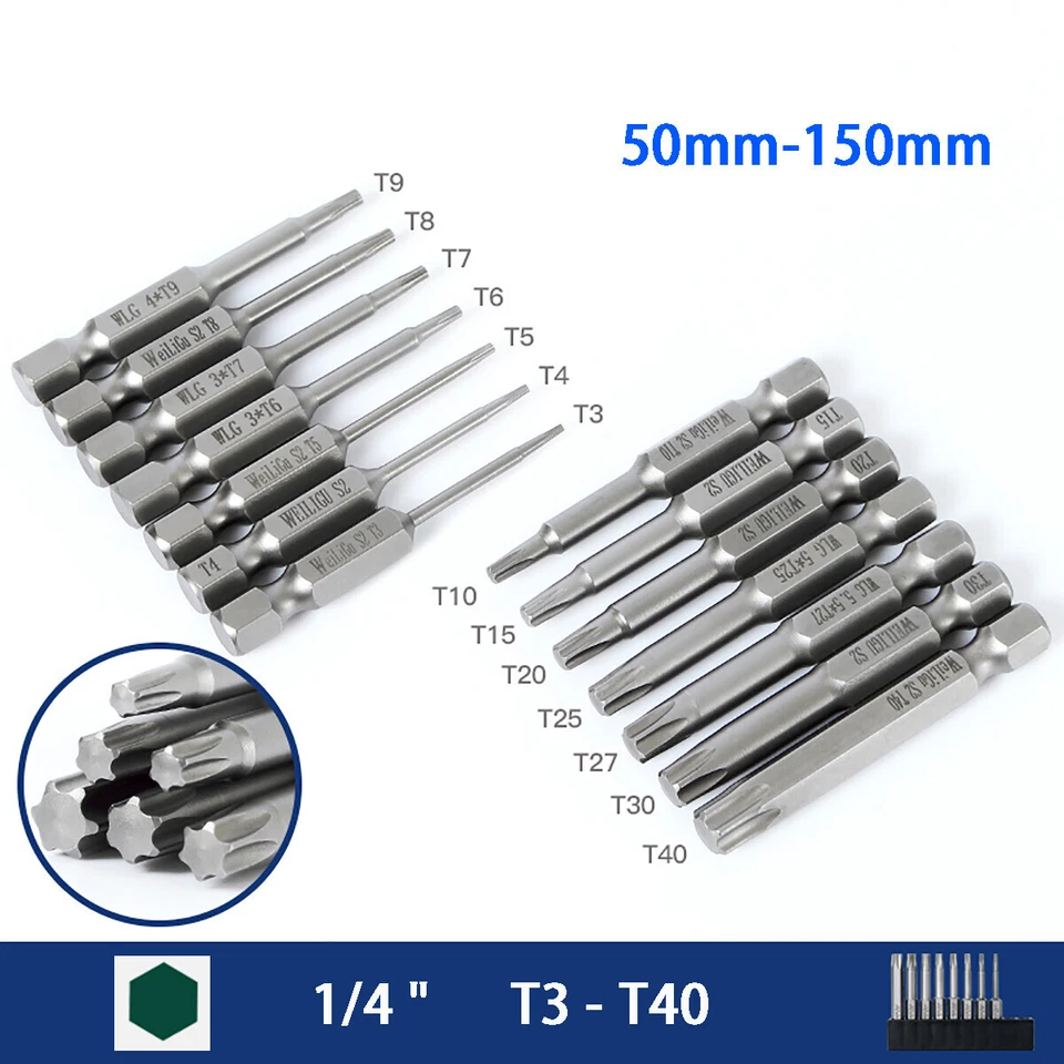 Hex Shank 50mm - 150mm Long T3 - T40 Magnetic Torx/Star Screwdriver Bit 1/4" - Image 2 of 4