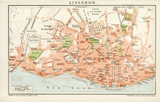 Lissabon historischer Stadtplan Portugal antike Landkarte Lithographie ca. 1892