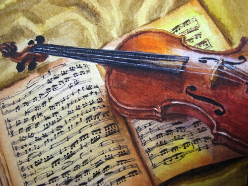 Watercolor Painting Violin Music Sheets Instrument Song ACEO Art  No.36