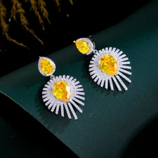 Silver Plated Yellow Water Drop Cubic Zirconia Dangle Earrings for Women Wedding