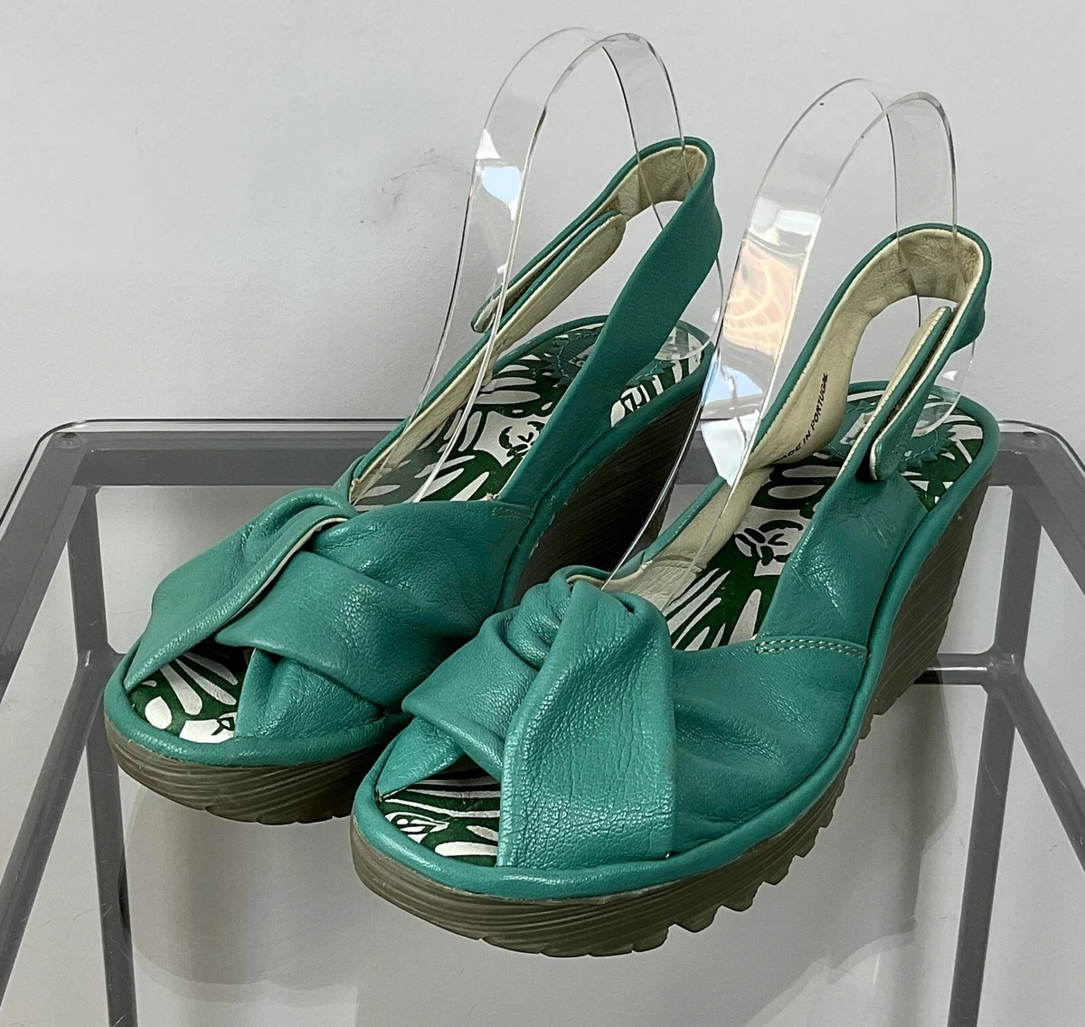 vintage FLY LONDON sea green leather twist front sling back sandals 39 6