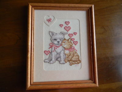 Framed JCA Love Note Cross Stitch FIRST LOVE Puppy & Kitten Nursery 9x11 USA New