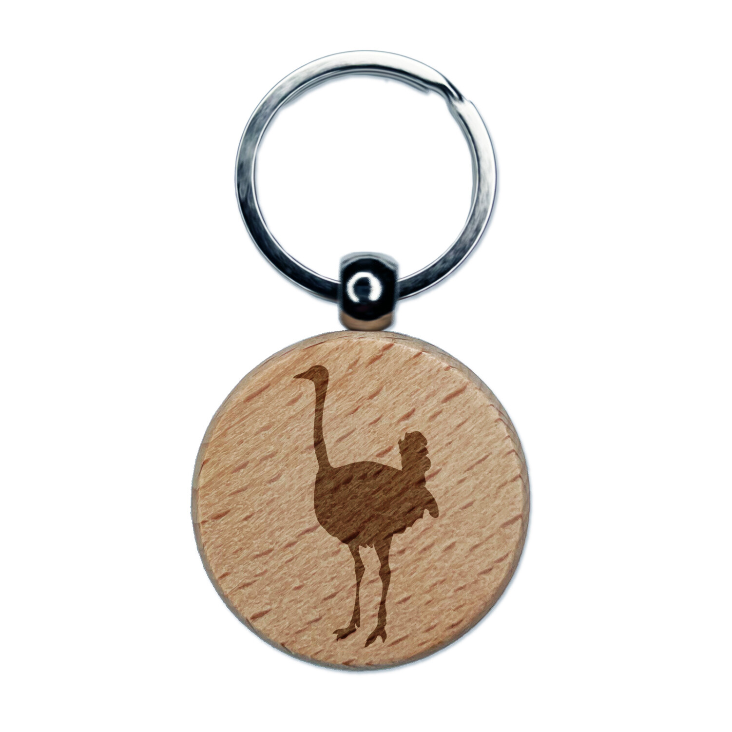 Ostrich Engraved Wooden Keychain Charm with Solid Round Design  