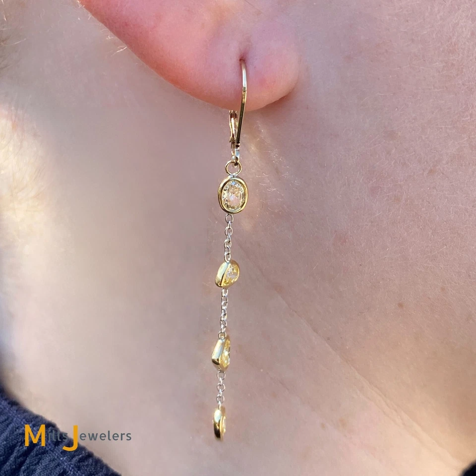 18K Two-Tone Yellow White Gold 1.64ctw Yellow Diamond Dangle Drop Earrings - Image 2 of 4