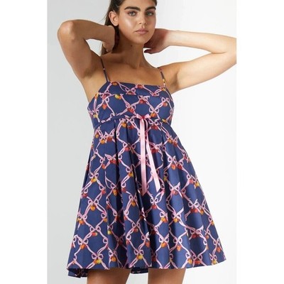 Rachel Antonoff Christina Dress Navy Blue Cherry Ribbon Babydoll Mini Size 4