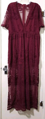 W Leter sz PLUS 2XLBOHO Romantic Lace Long Romper Dress Maroon Red Shorts Lined