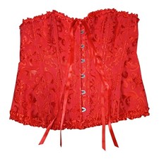 Red Brocade Corset Top Women  s L Satin Ribbon Lace Up Bustier Gothic Y2K V-Day