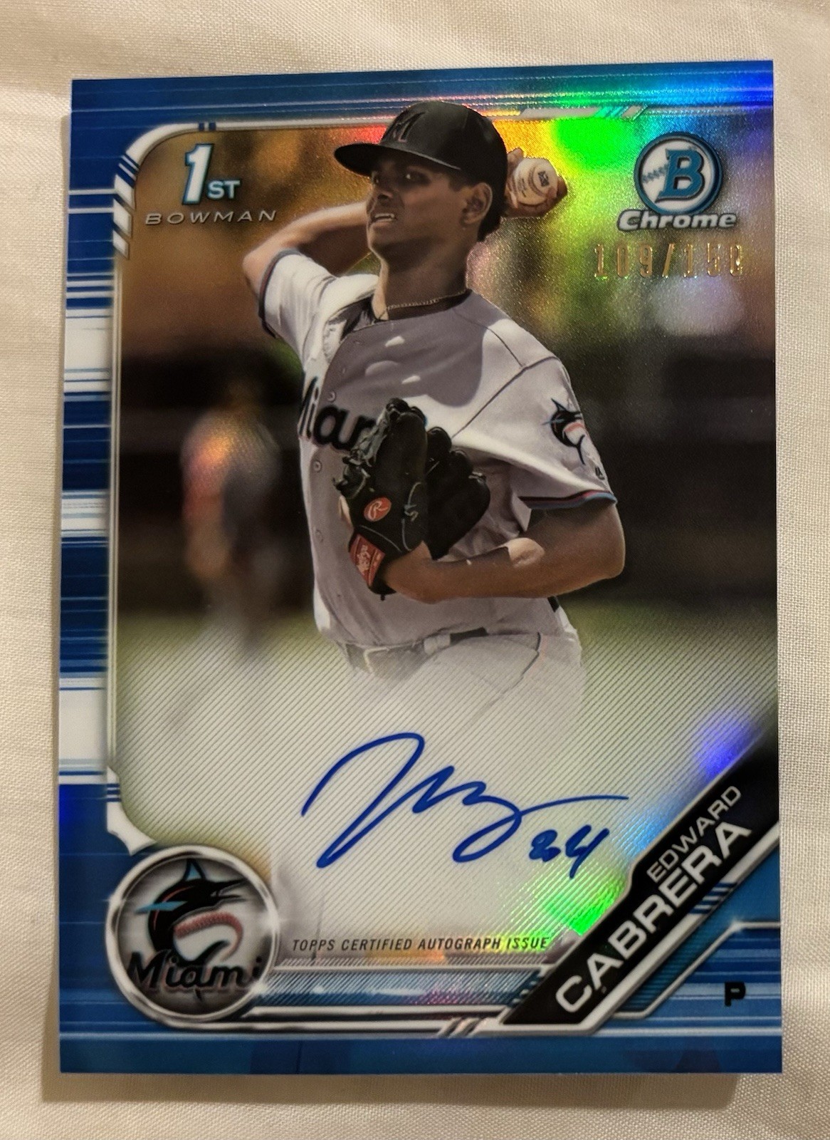 Edward Cabrera 2019 Bowman Chrome Blue Refractor Auto 1st /150 Miami Marlins
