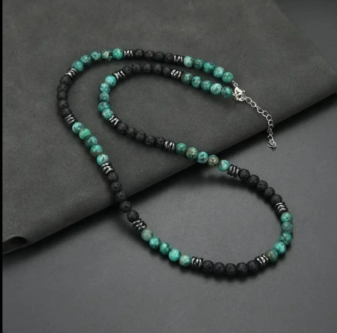 ✅ STYLISCHE TIGERAUGE & LAVASTEIN HERREN EDELSTEIN HALSKETTE PERLEN KETTE 55CM✅ - Bild 4 von 4