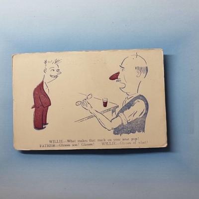 Comic Postkarte um 1940 betrunkener Vater Gläser Wein Nase rote Nase