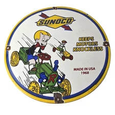 Vintage Sunoco Gasoline Porcelain Sign - Knockless Old Car Cartoon Gas Pump Sign