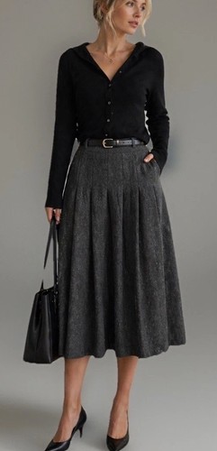Vintage Gray Wool Pleated Midi Skirt Womens Size 8 Made in USA A-Line Full