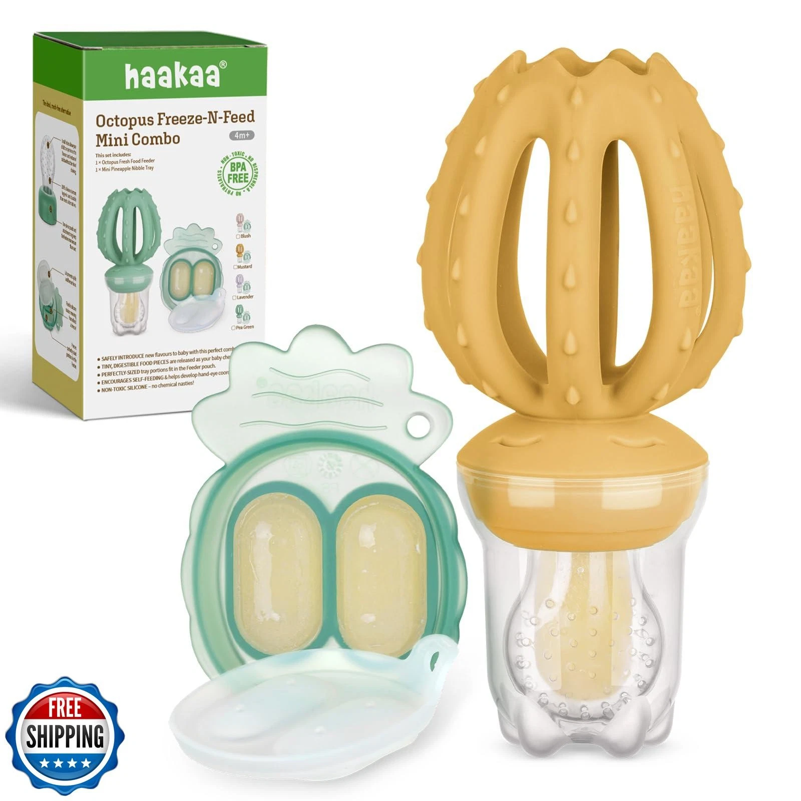 Haakaa Octopus Baby Fruit Food Feeder and Mini Freezer Nibble Tray Combo, Bre