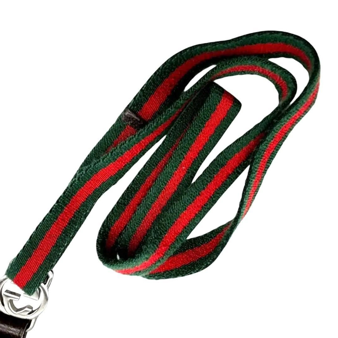 GUCCI ID Lanyard Striped Green Red Leather Silver Plated Logo Neck