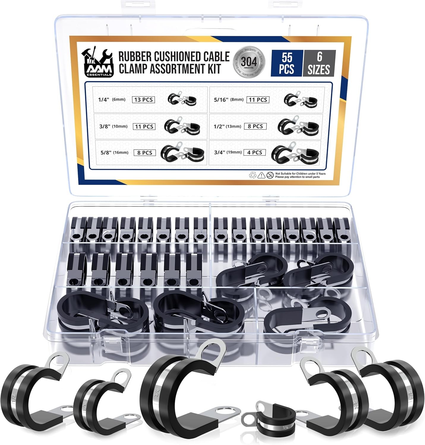 55-Piece 304 Stainless Steel Cable Clamps with Rubber Cushions in 6 Sizes
