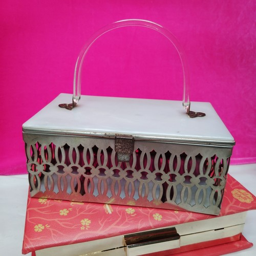 As Is Vintage Pamart White Lucite Lid Clear Handle Silver Tone Filigree Purse