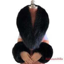 Women's Real Fox Fur Collar Scarf Warm Winter Scarves Shawl Wrist Cuffs One Set