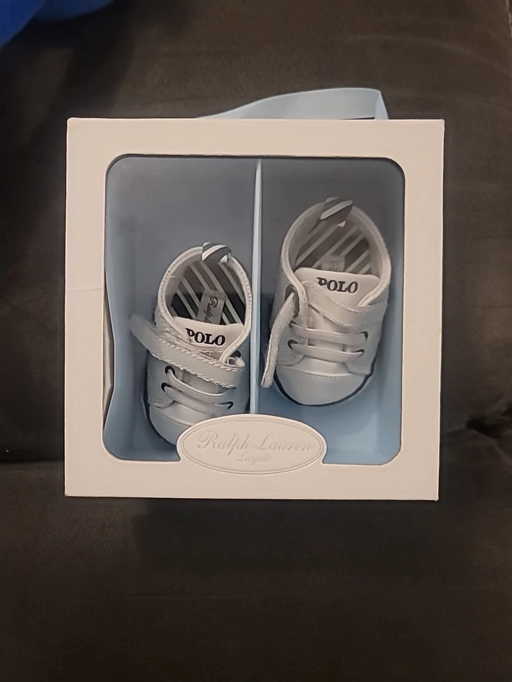 Polo Ralph Lauren Layette Baby Sneakers Size1 White Blue Leather Tennis Shoe New - Image 2 of 2