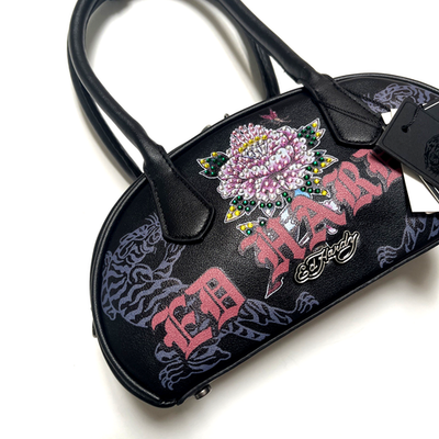 Ed Hardy Mini Dome Shoulder Bag Rhinestone Skull Zipper Black Y2K