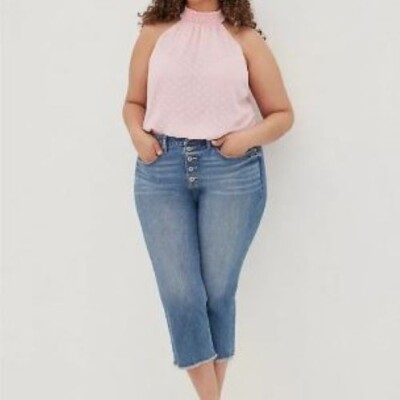 Torrid 2 2X Smocked Clip Dot Chiffon Blouse NWOT Pink Lined High Shoulder Halter