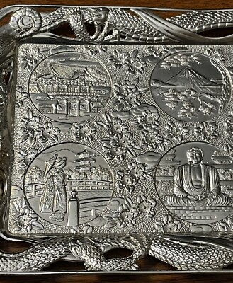 CORDIAL SAKI Tray Holder Metal Silver Scenery Dragons W/ Bakelite
