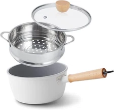 Ceramic Nonstick Sauce Pan, 3 QT Pot with Steamer, Wooden Handle, Universal Base