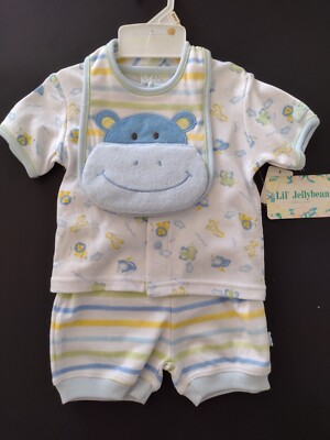 6-9 months Lil' Jellybean hippos, elephants, lions 2pc outfit with hippo bib
