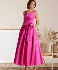 Simple V Neck Evening Dresses Sleeveless Backless Pockets Bow Party Prom Gowns
