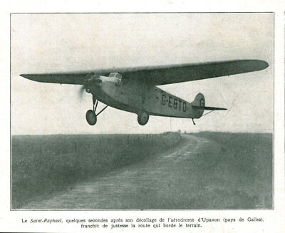 Altes Dokument Flugzeug St. Raphael Wales 1927 aus Zeitschrift
