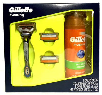 Gillette Fusion 5 Gift Set Razor 3 Cartridges Shave Gel  