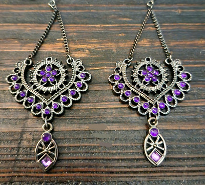 New Gun Metal Purple Boho Earrings Dangle Chand Balis Chandelier Filigree