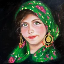 Mediterranean Girl Original Oil Painting Child Colorful Scarf Portrait Realism 