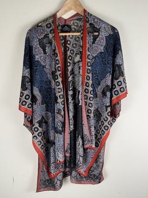 ANGIE Paisley Kimono Black Red With Silver Thread Sheer Spots Size Large EUC