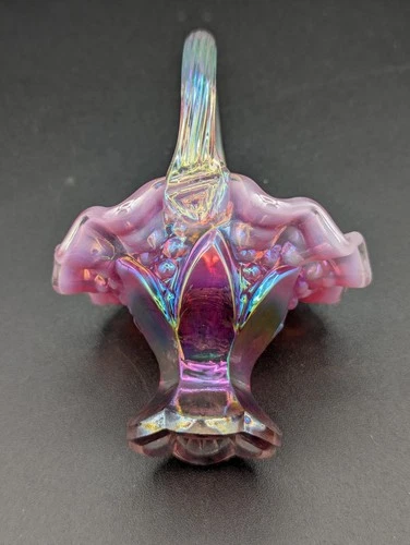 Fenton Plum Opalescent Carnival Glass Mini Basket 4.5” Ruffled Edge Very Pretty!