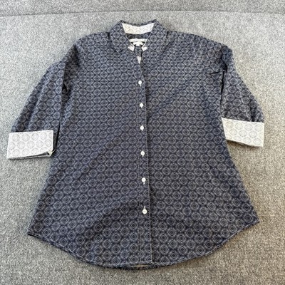 Foxcroft Tunic Shirt Womens Size 8 Non Iron Navy Blue Geometric Tile Print