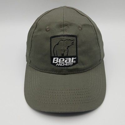 Bear Archery Hat Strap Back Advertising Cap Olive Green White Script Black Logo