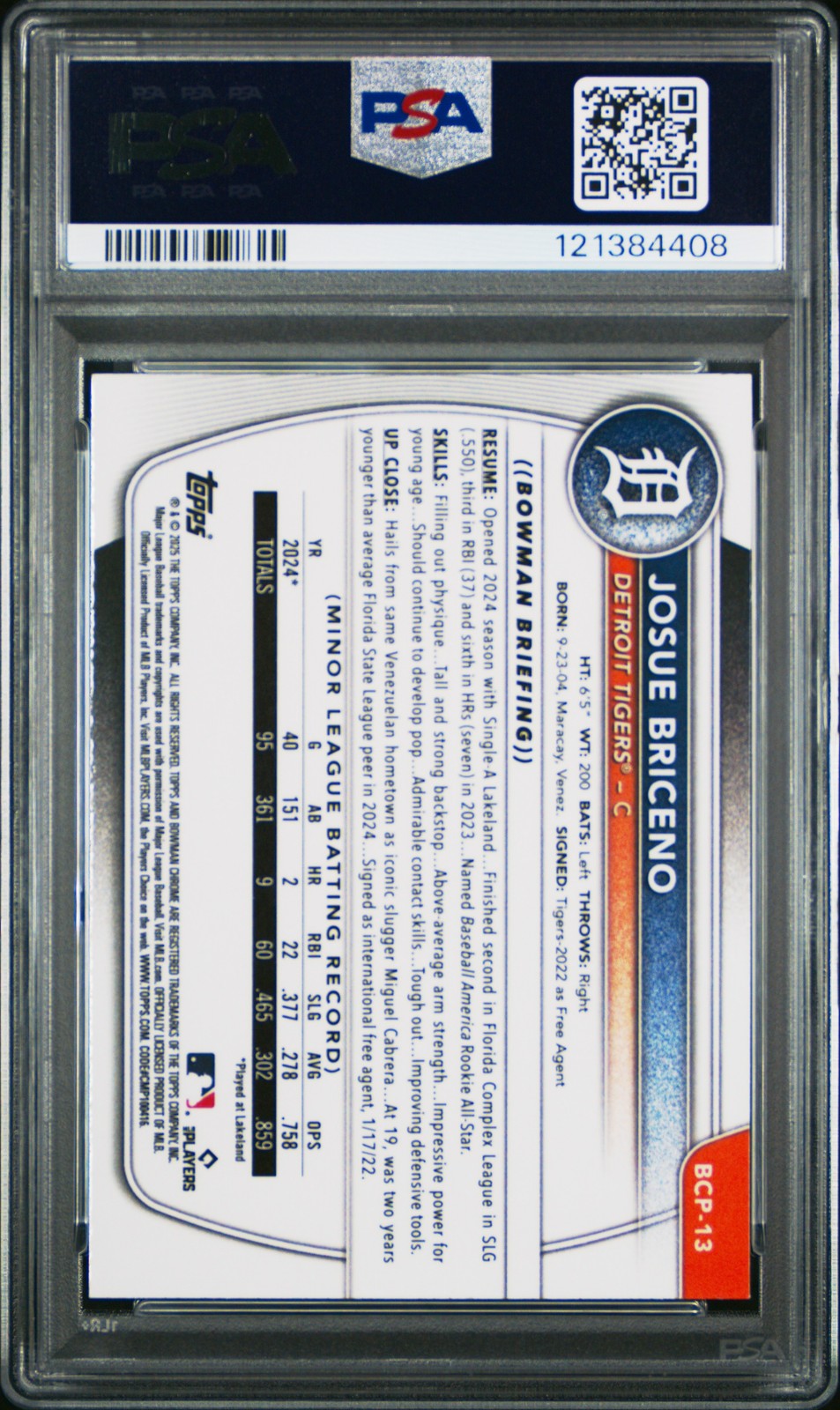 2025 Bowman Chrome Josue Briceno #BCP-13 Speckle /299 PSA 10 Tigers view 2