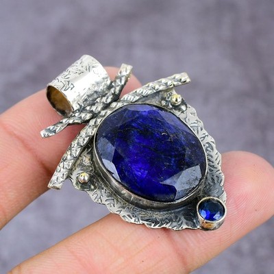 Natürliche blaue Jade, Blautopas Edelstein 925 Sterlingsilber Anhänger 2,22'' Geschenk c3
