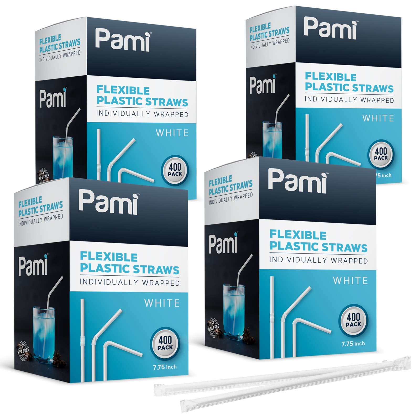 Individually Wrapped Flexible Plastic Bent Drink Straws 7.75