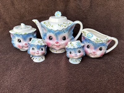 Vintage 50 s 5 Piece  Lefton ''Miss Priss'' Blue Kitty Tea Set