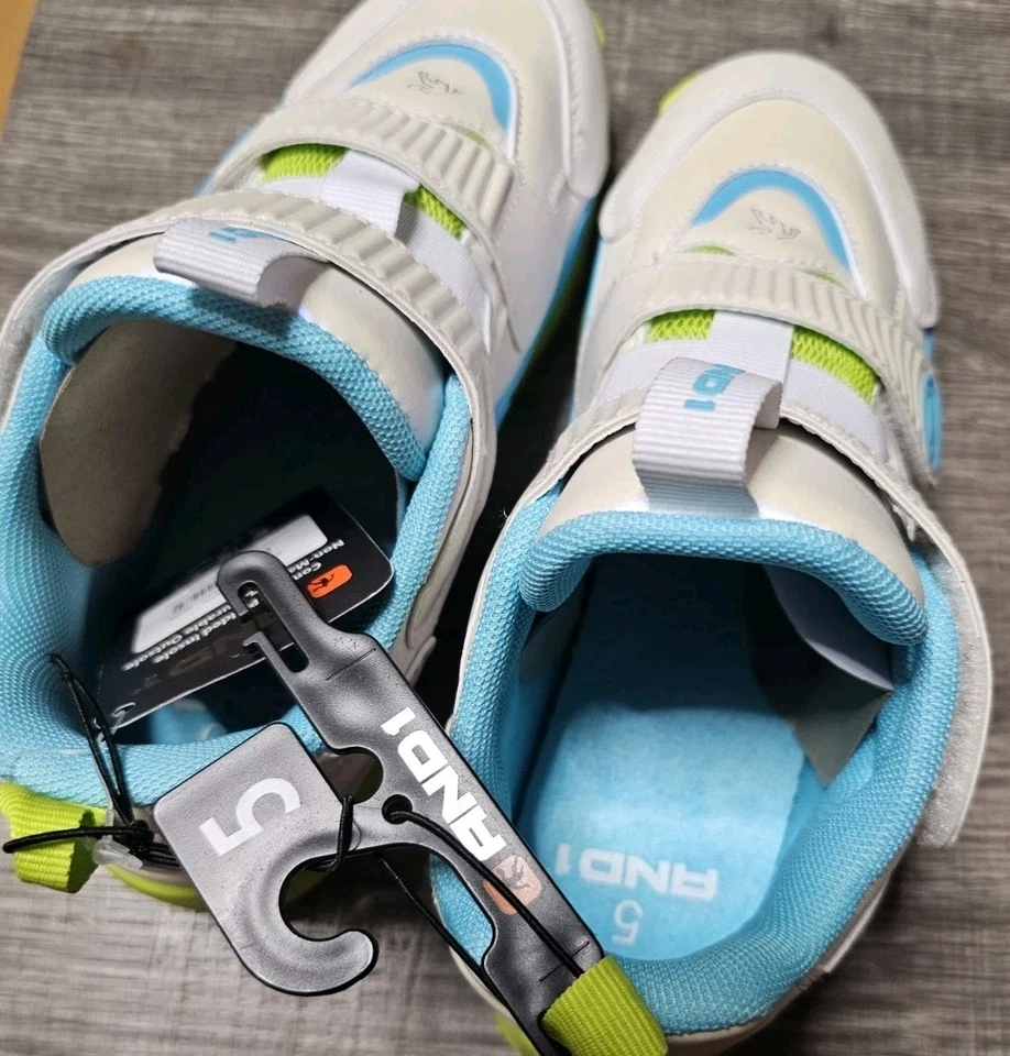 And1 Basketball Sneakers Boys, White With Blue, Lime Green Soles, Size 5, New - Image 4 of 4