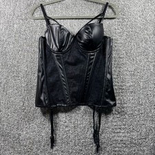 Charmian Corset Bustier Top Black Garter Straps Faux Leather Lace Caged Goth XXL