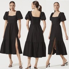 ASTR the Label Zoe Black Cotton Puff Sleeve Midi Dress Square Neck Slit XS