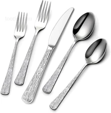 60-Piece Hammered Silverware Set for 12, Stainless Steel Sliver