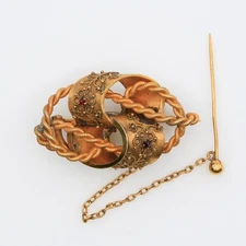 Antique Victorian Lover’s Knot Gold Gilt Brooch Etruscan Revival Filigree 1880s