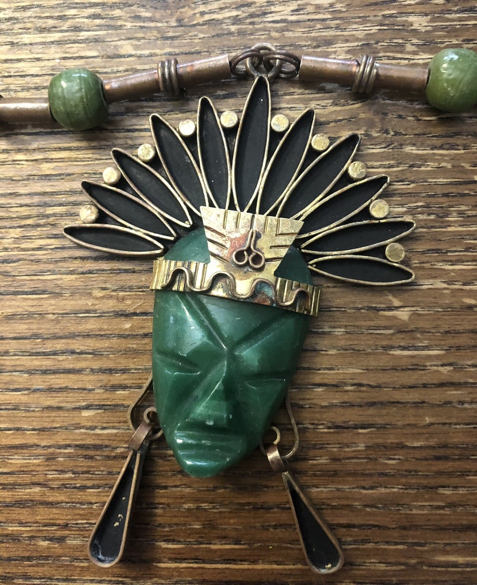 Rare Vintage Mexican Brass Carved Green Stone Figural Face Rare Vintage Mexican Brass Carved Green Stone Figural Face