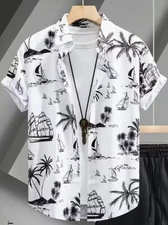 Camisa Hawaiana De Moda Botones y Estampado De Palmeras y Solapa Gráfica