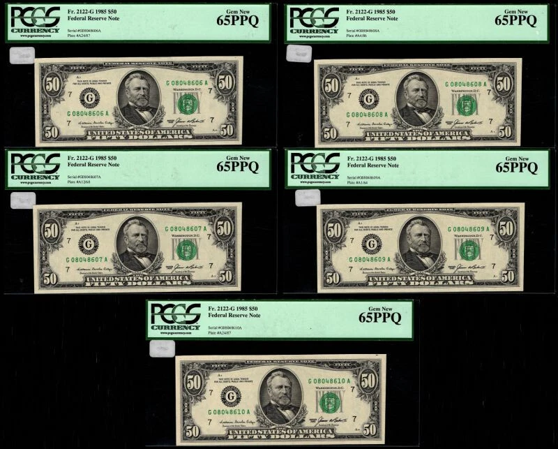 5 Consecutive 1985 $50 Federal Reserve Notes Small Heads PCGS 65PPQ (CAJ) - Image 3 of 3