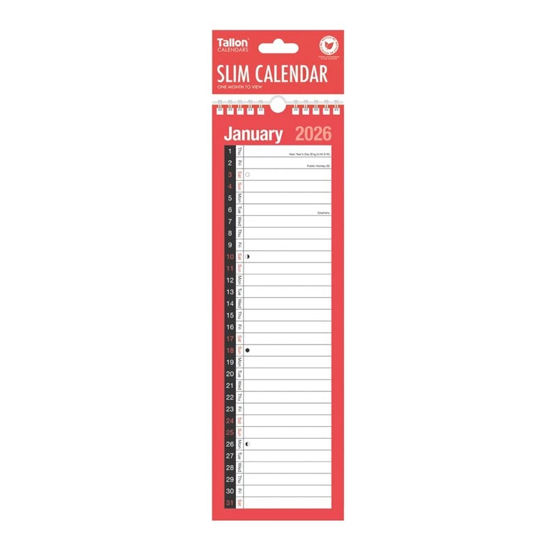 TALLON 2026 Slim Month To View Spiral Bound Wall Planner Calendar (Ref-3801)