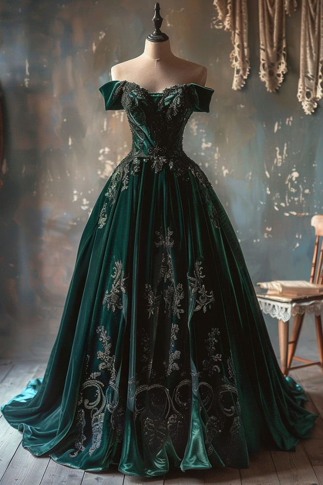 Green Gothic Wedding Dresses Off Shoulder Black Beading Satin Bridal Gowns  | eBay